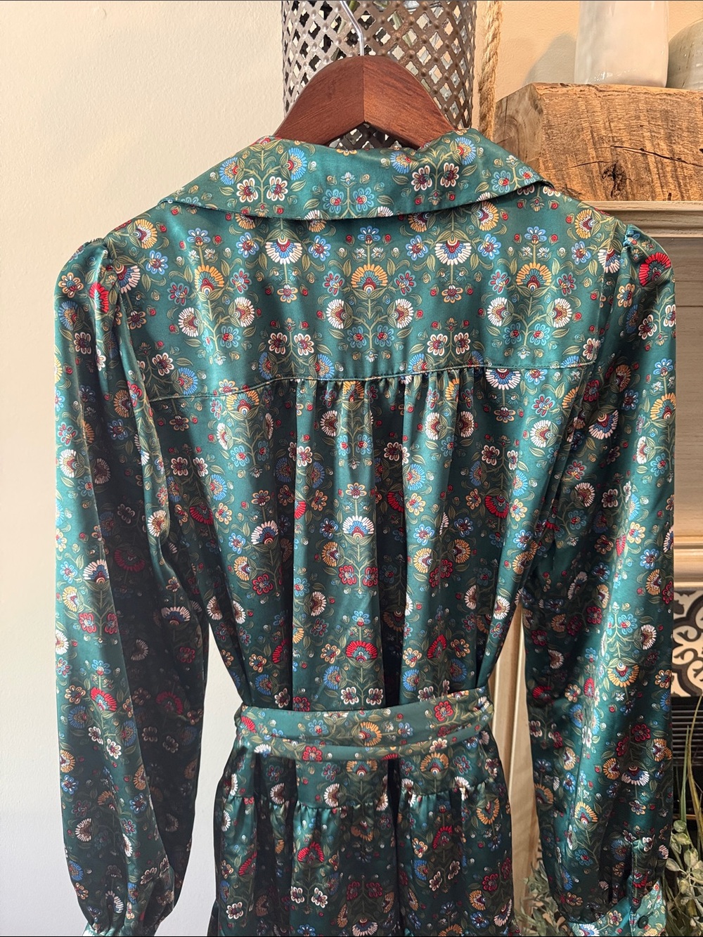 Emerald Floral Wrap Tiered Dress with Self-Tie Waist - Picture 9 of 11